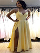 Yellow Floor Length A Line Slit Satin Prom Dresses