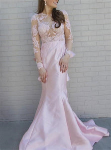 Mermaid Pink Long Sleeves Open Back Lace Satin Ruffles Prom Dresses