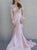 Mermaid Pink Long Sleeves Open Back Lace Satin Ruffles Prom Dresses