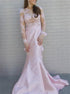Mermaid Pink Long Sleeves Open Back Lace Satin Ruffles Prom Dresses LBQ2106