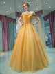 A Line Off the shoulder Yellow Lace Up Rhinestone Prom Dresses