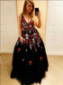 A Line V Neck Black Tulle Long Prom Dress with Appliques LBQ2623