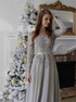 A Line Scoop Long Sleeves Silver Chiffon Open Back Prom Dresses LBQ2758