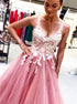 A Line V Neck Pink Tulle Long Open Back Prom Dress with White Lace Appliques LBQ2895