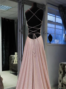 Sweep Train Pink Lace Up Evening Dresses