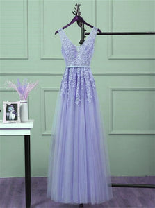 A Line Light Purple Tulle Appliques Open Back Prom Dresses