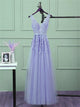 A Line Light Purple Tulle Appliques Open Back Prom Dresses
