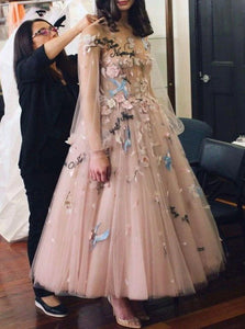 A Line Long Sleeves Blush Pink Tulle Prom Dresses with Embroidery 
