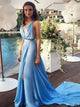 A Line V Neck Chiffon Backless Blue Prom Dresses 