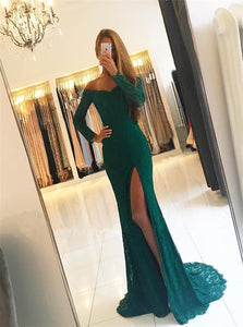 Emerald Green Lace Mermaid Long Sleeves Prom Dresses