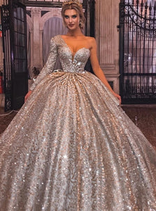 One Long Sleeve Sweep Train Prom Dresses