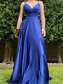 A Line Royal Blue V Neck Satin Lace Up Prom Dresses LBQ2642