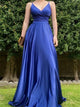 A Line Royal Blue V Neck Satin Lace Up Prom Dresses