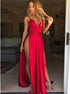 A Line Spaghetti Straps Sweep Train Red Satin Prom Dress with Split LBQ2543