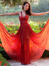 A Line Chiffon Straps Open Back Red Prom Dress LBQ3044