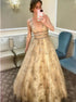 A Line V Neck Sparkly Tulle Champange Prom Dress LBQ1321