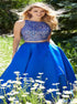 Two Piece A Line Scoop Beadings Blue Satin Prom Dresses LBQ2522