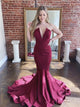 V Neck Strapless Burgundy Mermaid Prom Dresses