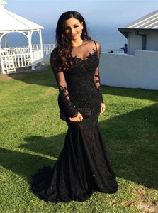 Mermaid Black Long Sleeves Tulle Prom Dresses