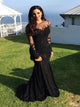 Mermaid Black Long Sleeves Tulle Prom Dresses