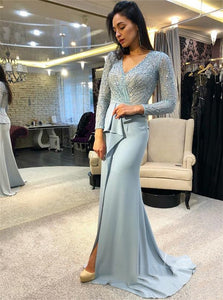 Blue Sweep Train Beadings Long Sleeves Evening Dresses