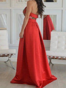 Red Floral Strapless Satin Open Back A Line Prom Dresses LBQ1962