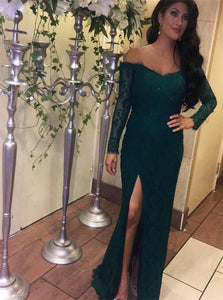 Slit Lace Mermaid Long Sleeves Prom Dresses 