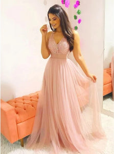 Pink  A Line V Neck Chiffon Prom Dresses with Beadings