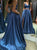 A Line Blue Two Piece Satin V Neck Lace Up Prom Dresses