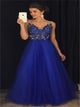 A Line V Neck Tulle Sleeveless Prom Dresses with Sweep Train