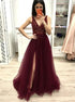 A Line V Neck Sleeveless Tulle Slit Prom Dresses With Beading LBQ2245