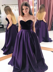 A Line Sweetheart Straples Satin Floor Length Prom Dresses With Pockets