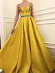  A Line Appliques Yellow Satin Prom Dresses