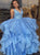V Neck Blue Long Floor Length Sleeveless Prom Dresses with Ruffles