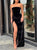 Black Strapless Slit Velvet Floor Length Prom Dresses