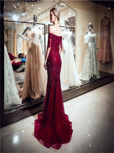 Dark Red Beadings Mermaid Prom Dresses with Sweep Train