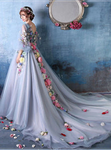 Half Sleeves Flowers Tulle Prom Dresses