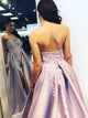 A Line Pink Sweetheart Satin Embroidery Prom Dresses