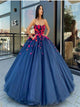 Ball Gown Navy Blue Flower Tulle Prom Dresses 