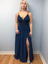 A Line Spaghetti Straps Dark Navy Chiffon Appliques Prom Dress with Slit LBQ2141