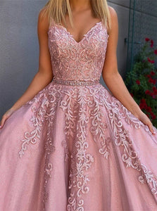 Two Piece A Line V Neck Pink Tulle Appliques Prom Dresses