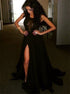 A Line Black Chiffon Sweep Train Prom Dresses With Applique And Slit LBQ2553