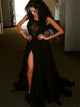 A Line Black Chiffon Sweep Train Prom Dresses