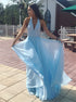 A Line V Neck Blue Long Chiffon Beadings Prom Dress LBQ2446