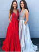 A Line V Neck Beadings Red Prom Dresses