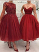 A Line Long Sleeves Tea Length Prom Dresses with Appliques