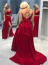 Two Piece Spaghetti Straps Open Back Sweep Train Red Prom Dress with Split LBQ0607