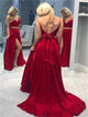 Two Piece Spaghetti Straps Open Back Sweep Train Red Prom Dresses with Split