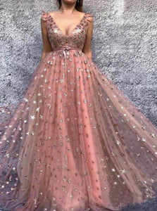 A Line Pink Star Printed V Neck Tulle Prom Dresses 