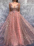 A Line Pink Star Printed V Neck Tulle Prom Dresses LBQ2401